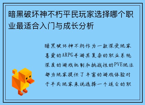 暗黑破坏神不朽平民玩家选择哪个职业最适合入门与成长分析